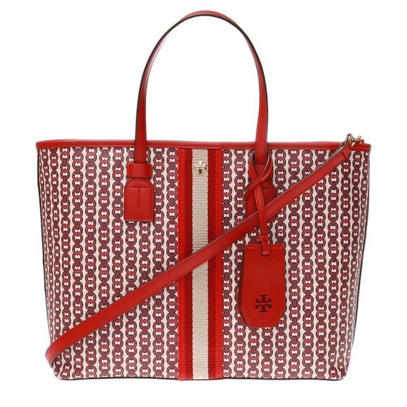 Tory Burch Canvas Gemini Red Chain Link Large Tote Bag - Picture 1 of 11
